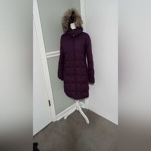 Eddie Bauer Womens Down Puffer Coat Hooded Faux Fur Trim Sz XS